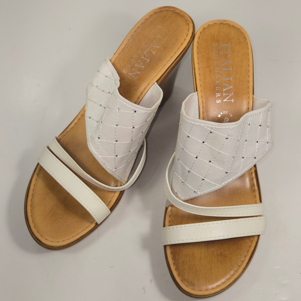 Italian Shoemakers White Quilted Rhinestone Wedge Sandals Made in Italy size 9